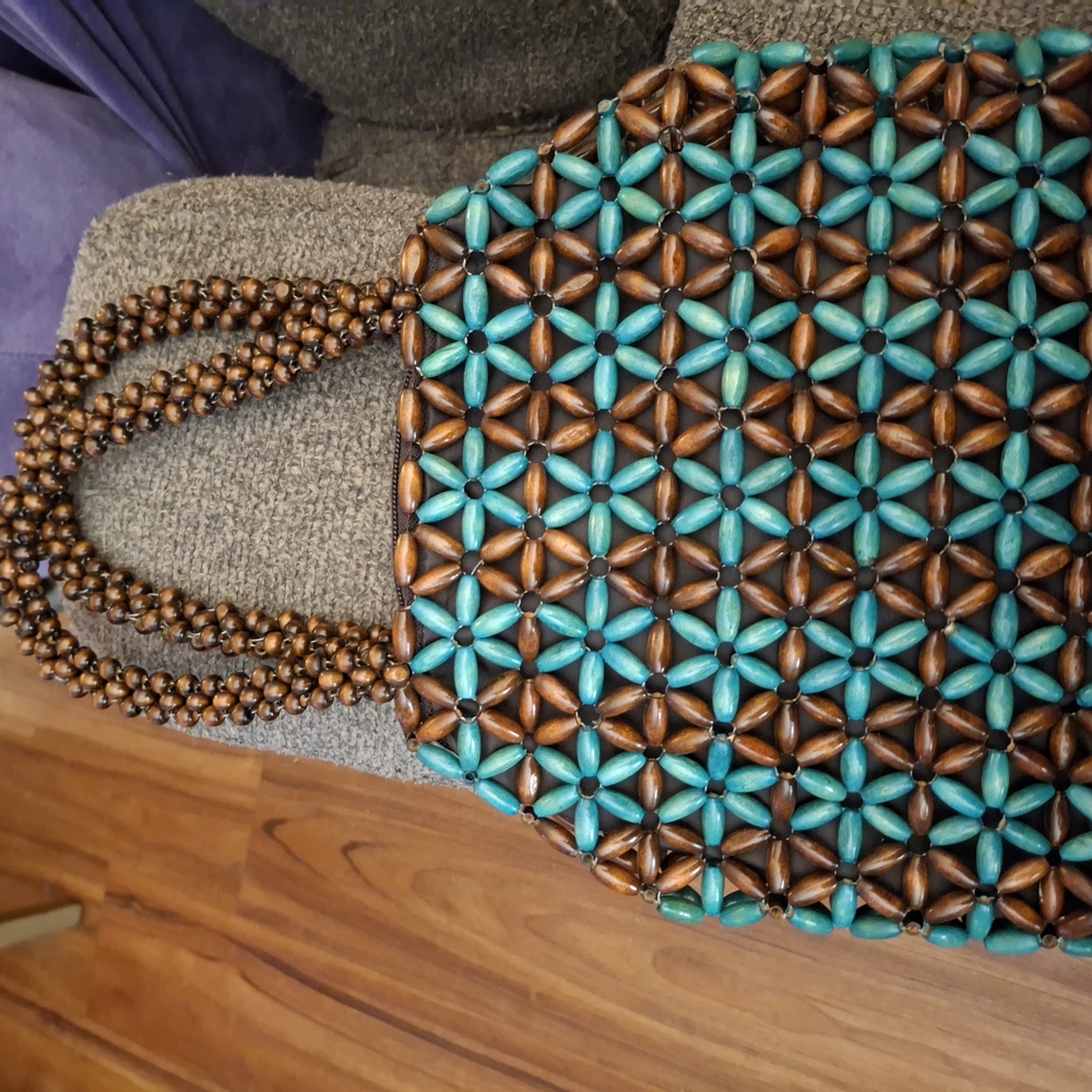 Brown and Blue Beaded Women's Bag